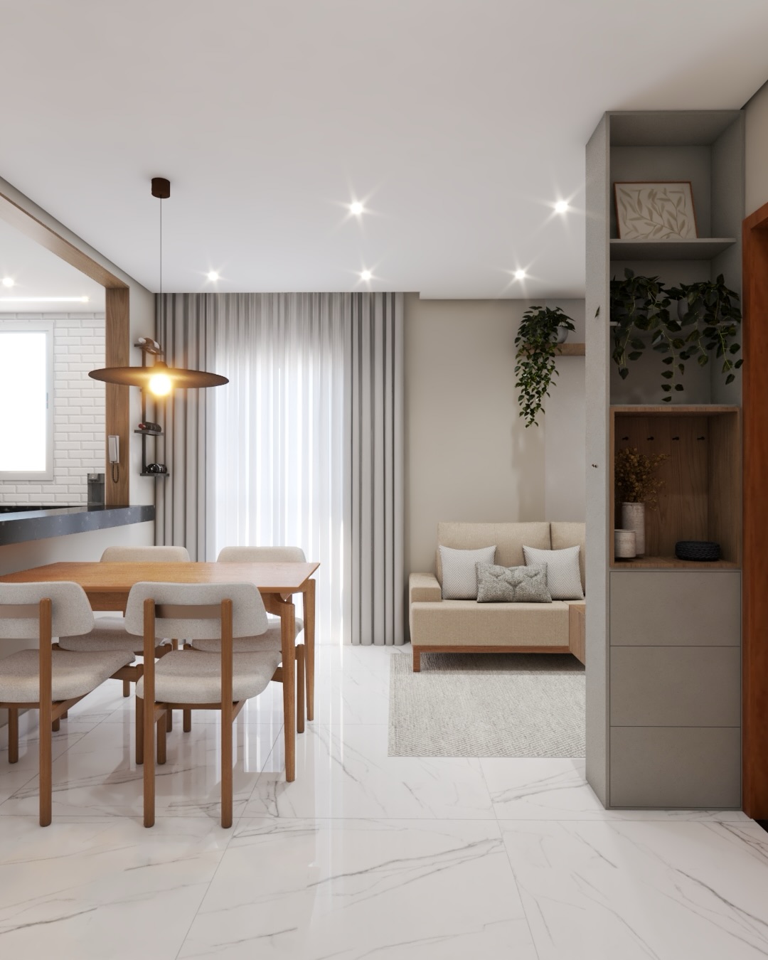 Estar e jantar integrados com cortinas de linho e prateleira vertical